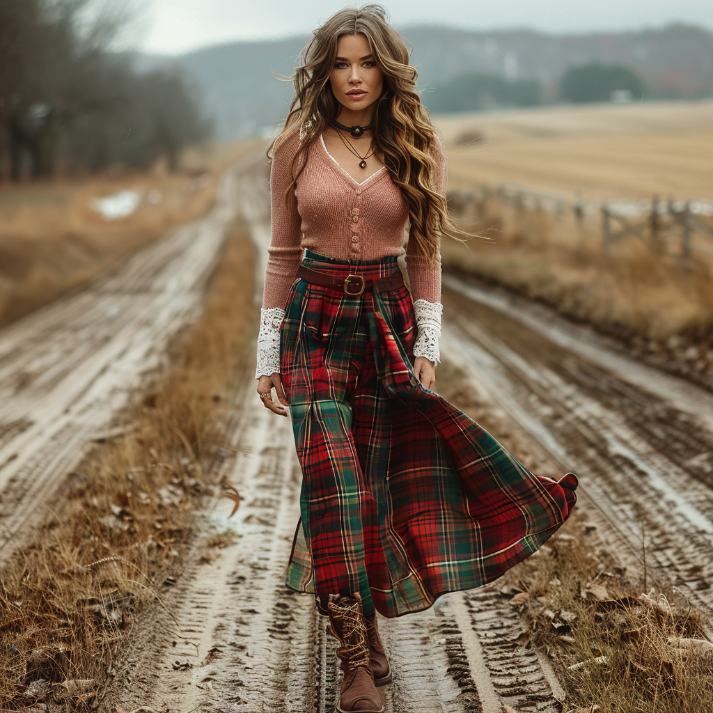 Women's Retro Plaid V-neck Long-sleeve Long Skirt Pastoral Style Maxi Long Dress
