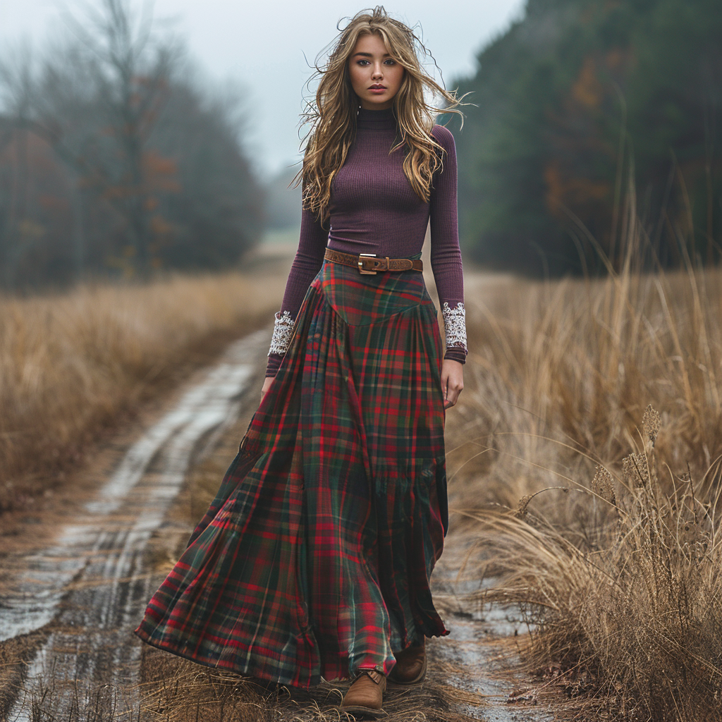 Women's Retro High Neck Long-sleeve Long Skirt Plaid Pastoral Style Maxi Long Dress