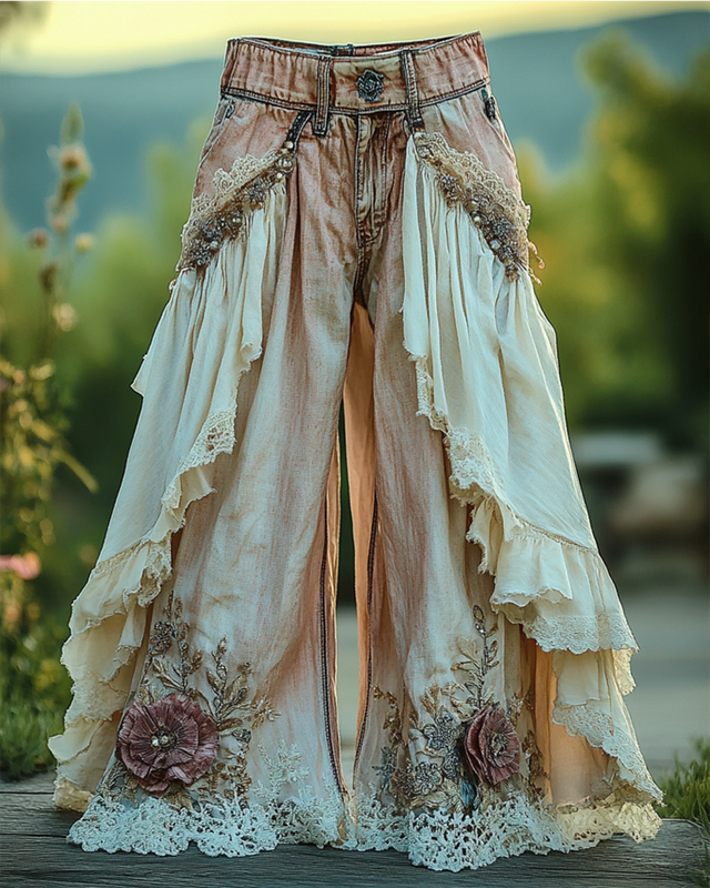 Summer Ruffle Linen Lace Splicing Denim Embroidery Pants 6f22