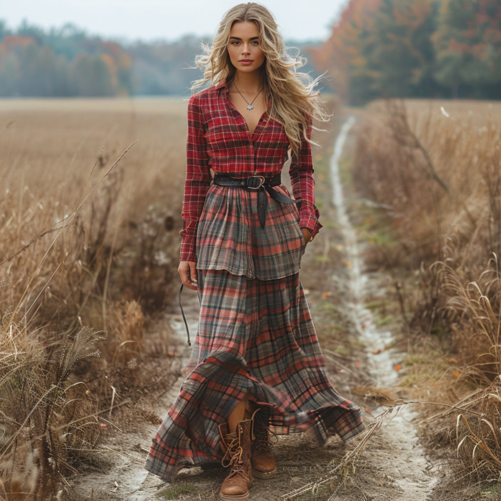Women's Vintage V-neck Bohemian Pastoral Style Long-sleeve Maxi Long Dress