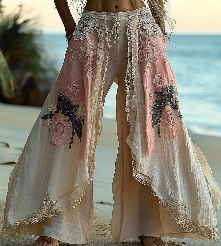 Summer Holiday Lace Hand-Embroidered Patchwork Pants 7a09