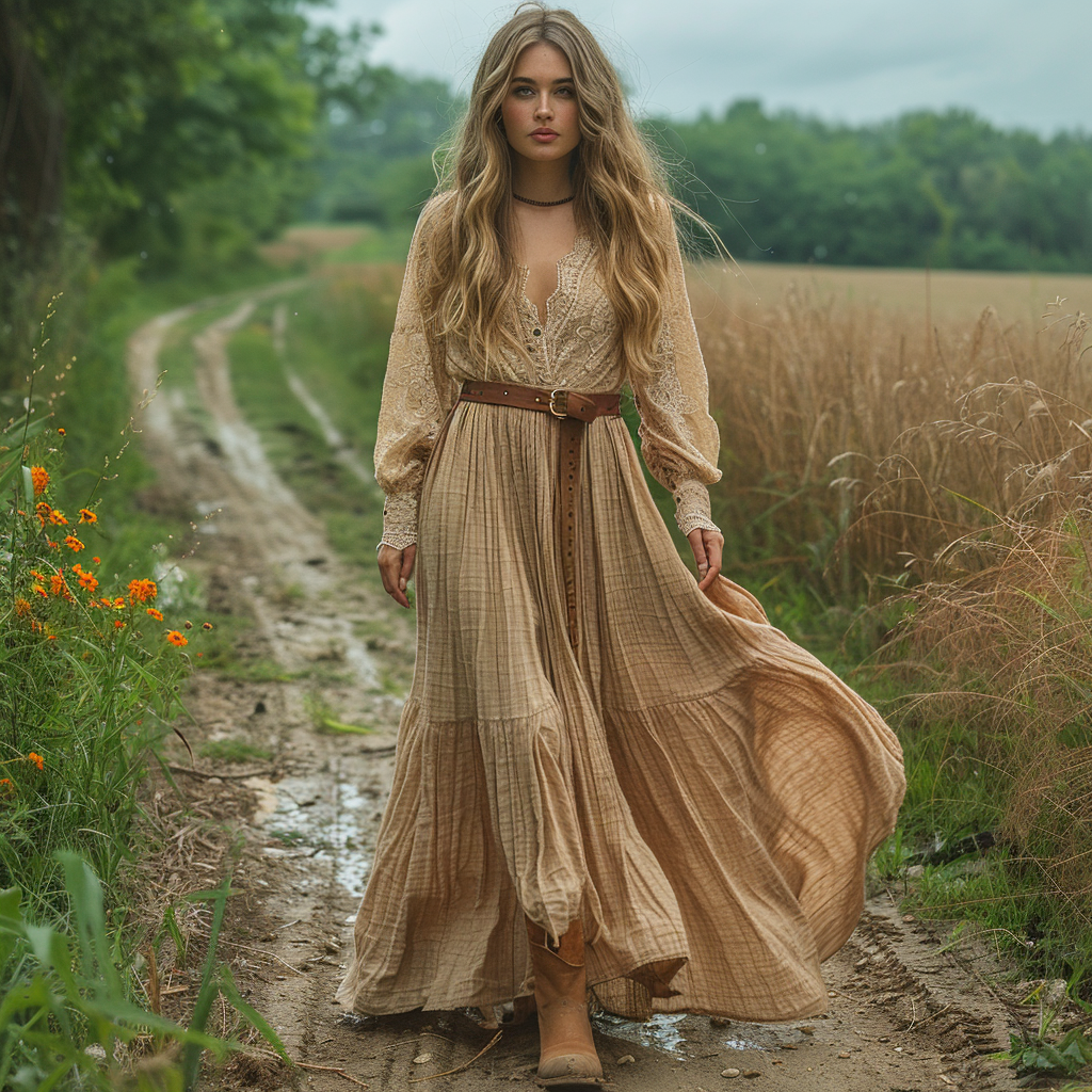 Women's Retro V-neck Country Pastoral Linen Style Long-sleeve Casual Maxi Long Dress