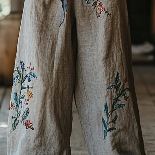 Hamivibe Bohemian Floral Art Printed Cotton Linen Wide Leg Pants 6dc2