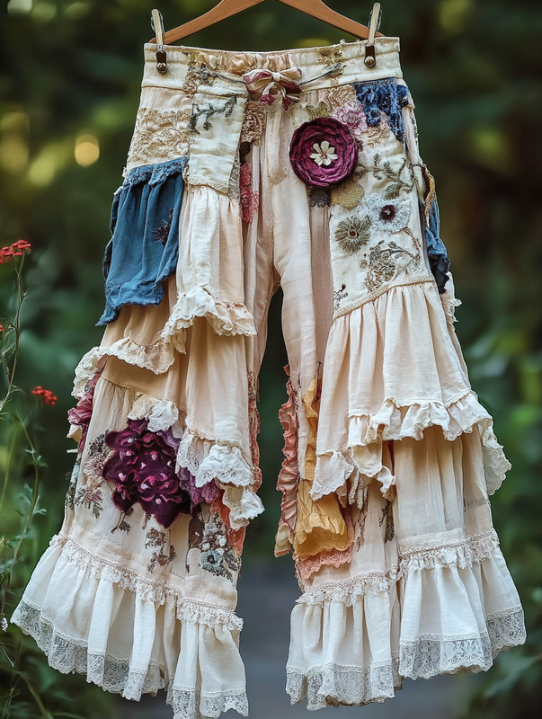 Summer rainbow lace hand-embroidered patchwork pants 70b2