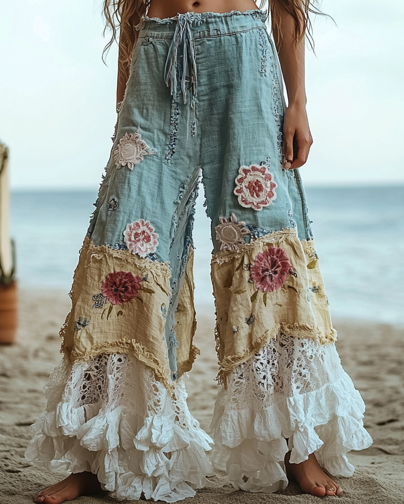 Summer Vacation Lace Handmade Floral Embroidery Pants bbe4