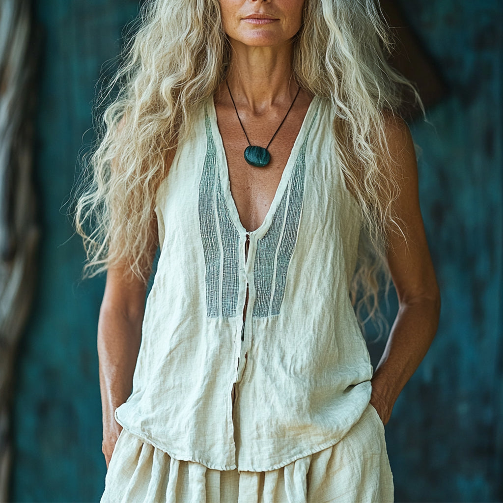 Women's Casual Bohemia V-neck Linen Ethnic Style Sleeveless Vest Top Shirt