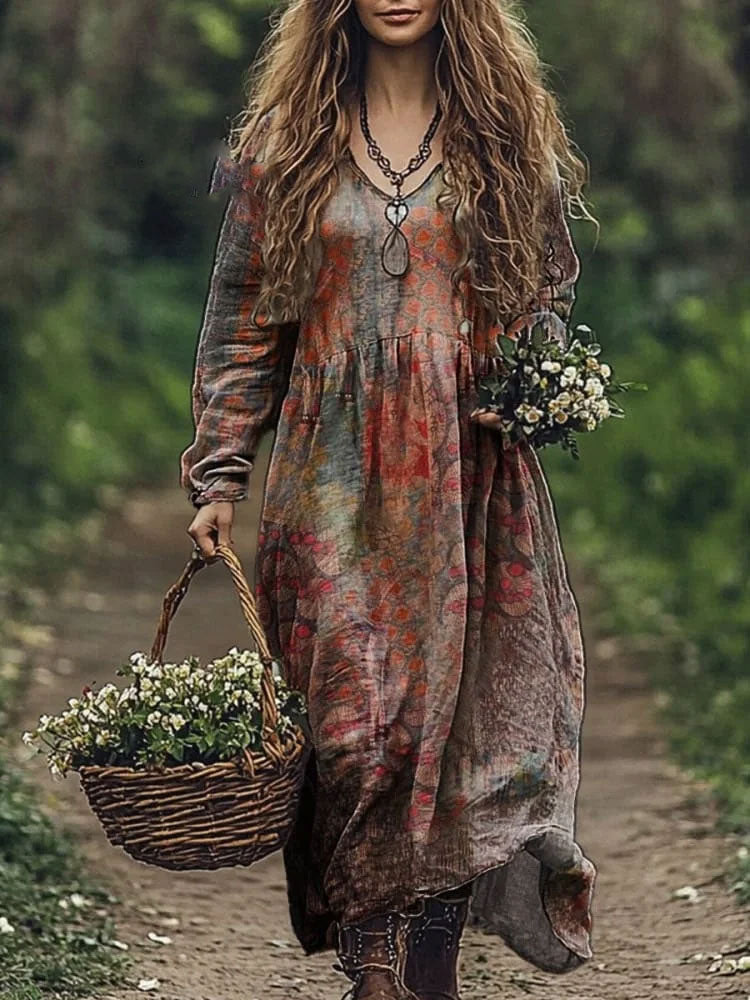 Women's Vintage Patchwork Pattern Art Print V Neck Pocket Cotton Dress