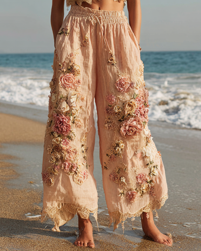 Summer Vacation Floral 3D Embroidered Pants e76d