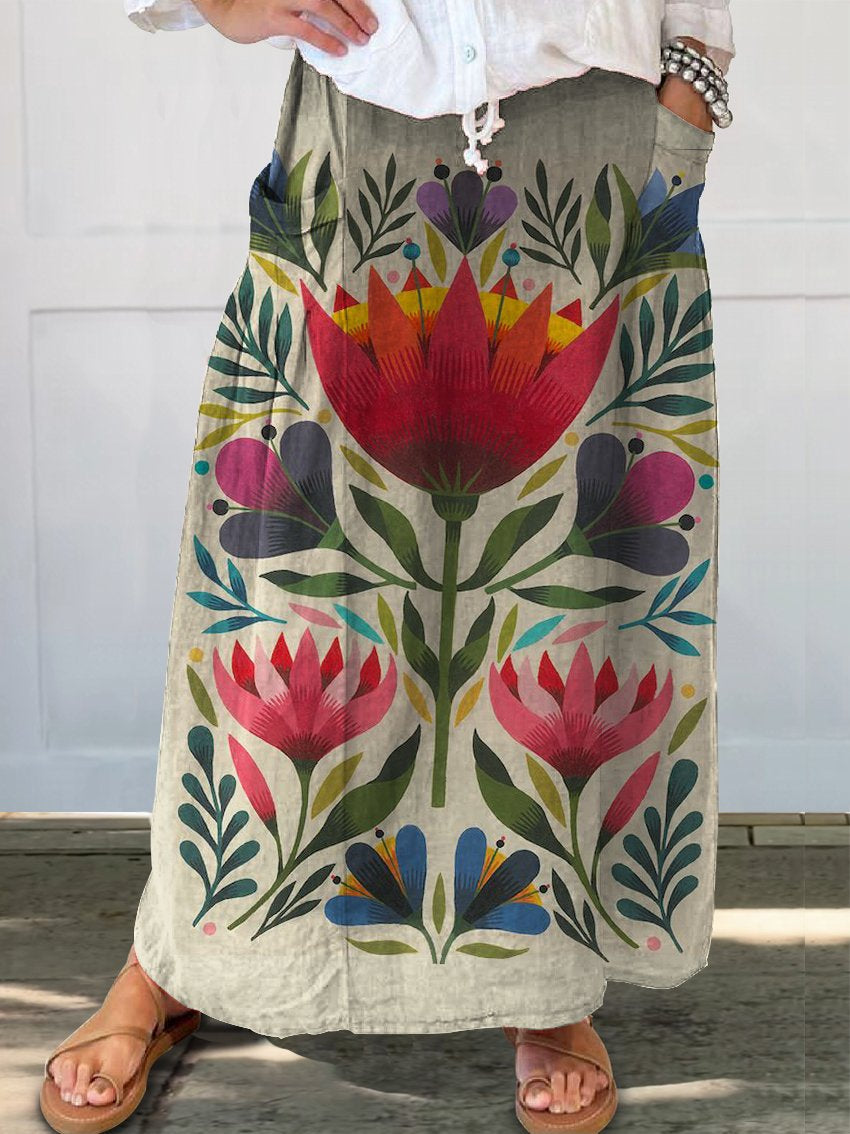 Women's Symmetrical Floral Print Linen Pocket Skirt