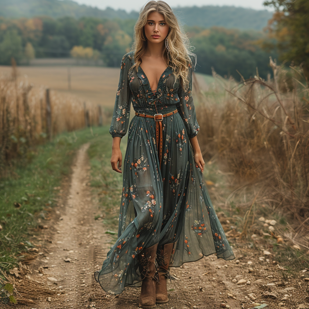 Women's Vintage Country Pastoral Linen Style Long-sleeve Maxi Long Dress