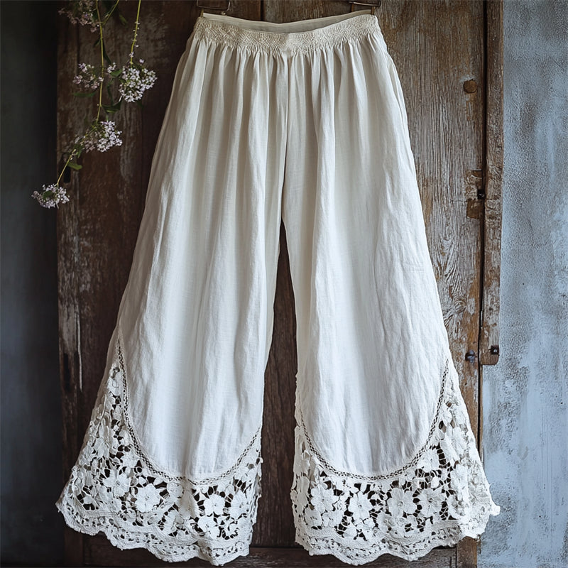 Hamivibe Vintage Boho Floral Lace Hem Wide Leg Linen Pants e074