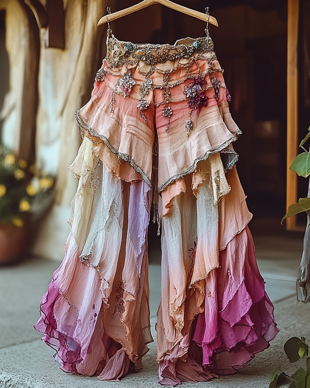 Summer Holiday Ruffle Color Gradient Splicing Linen Pants 4a71