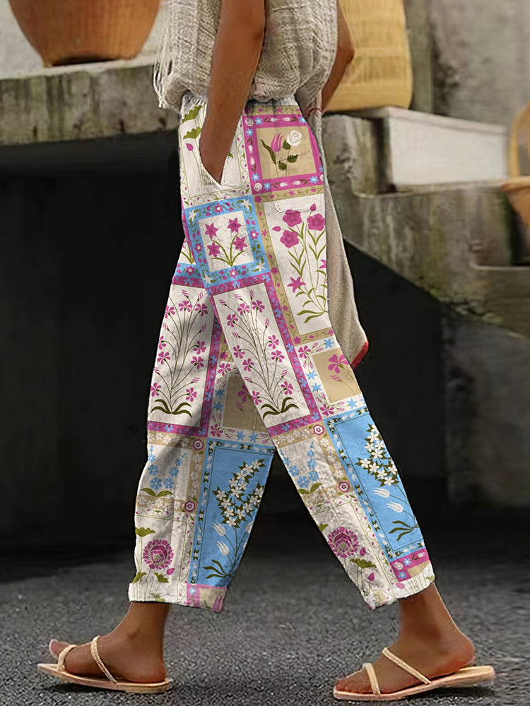 Women's Retro Geometric Floral Art Cotton And Linen Casual Pants de27
