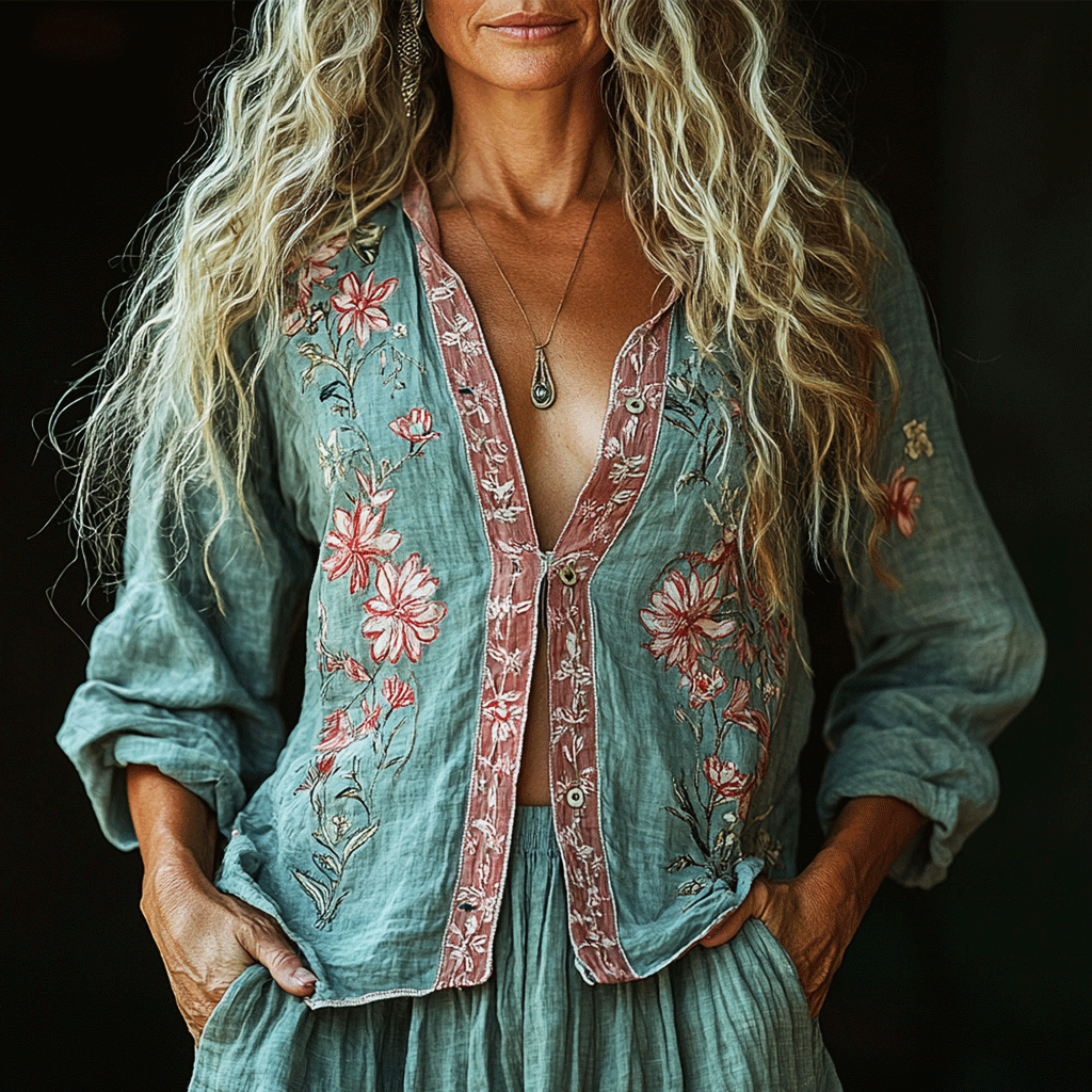 Women's Linen Bohemia Style Floral Long-sleeved Breathable Top Shirt