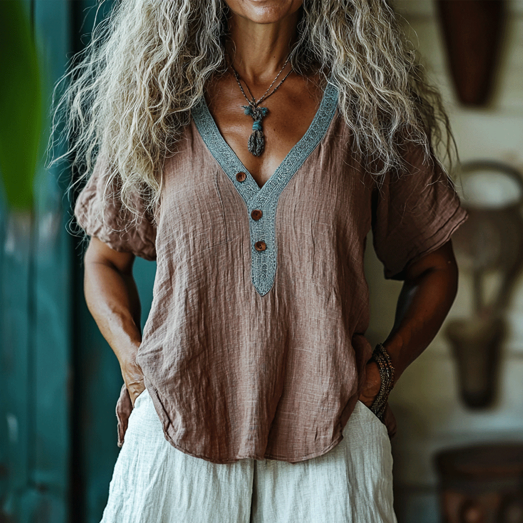 Women's Linen Bohemia Style Plain Short-sleeved Breathable Top Shirt