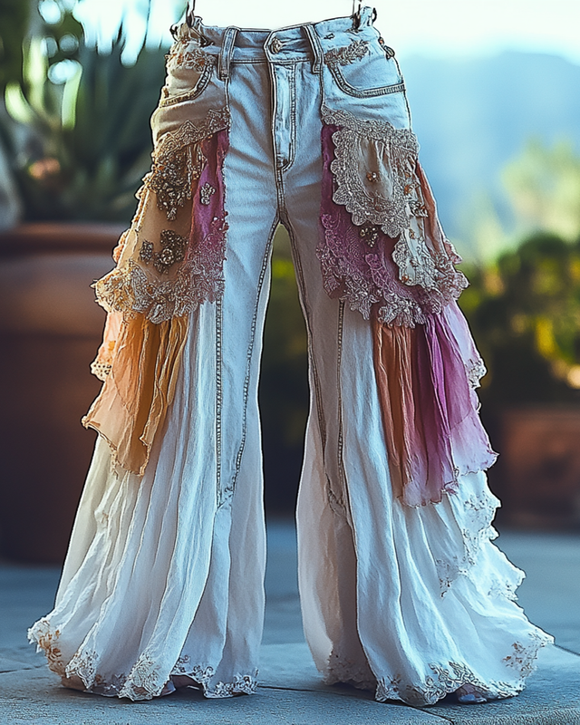 Summer Ruffle Linen Lace Splicing Denim Embroidery Pants 8af4