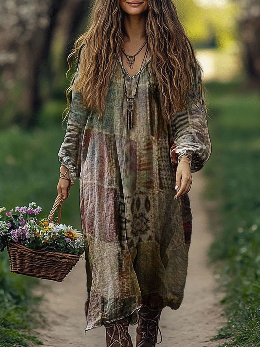 Women's Vintage Patchwork Pattern Art Print Pocket Cotton V Neck Long Sleeve Dress