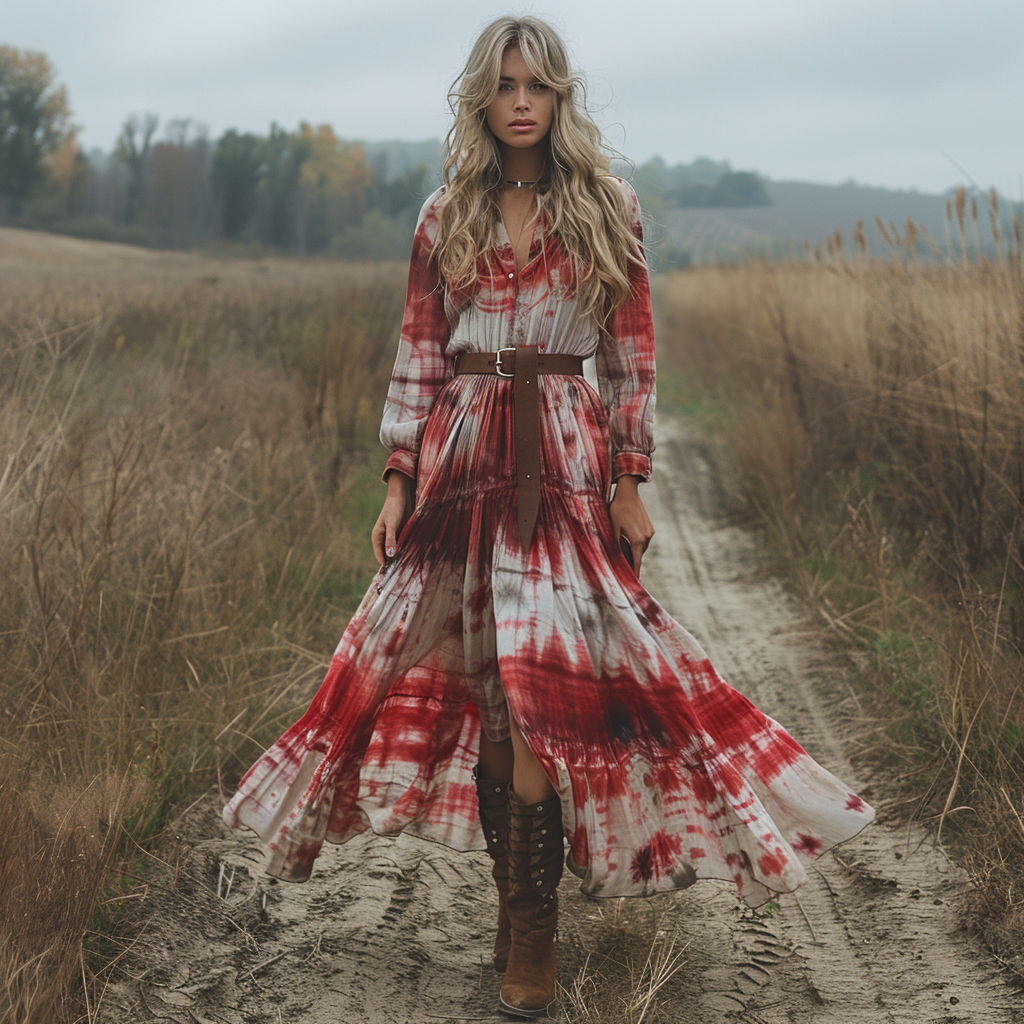 Women's Retro V-neck Linen Pastoral Halloween Style Long-sleeve Maxi Long Dress