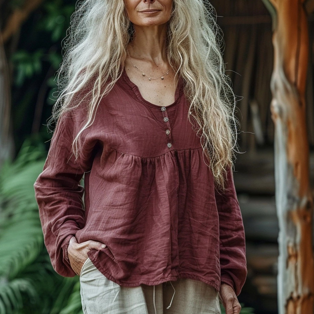 Women's Bohemian Linen Buttons Loose Long-sleeve Top Shirt