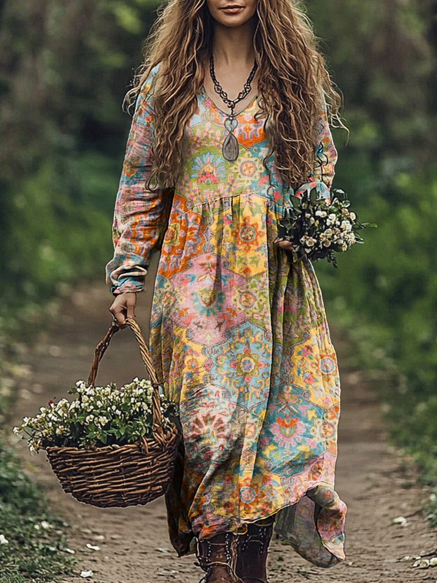 Women's Vintage Patchwork Flowers Print Pocket Cotton Dress