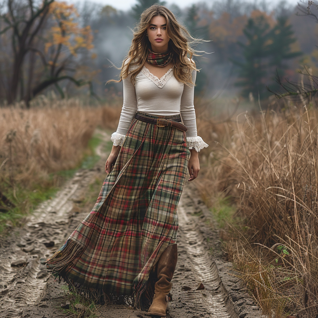 Women's Retro Plaid V-neck Long-sleeve Long Skirt Pastoral Style Maxi Long Dress