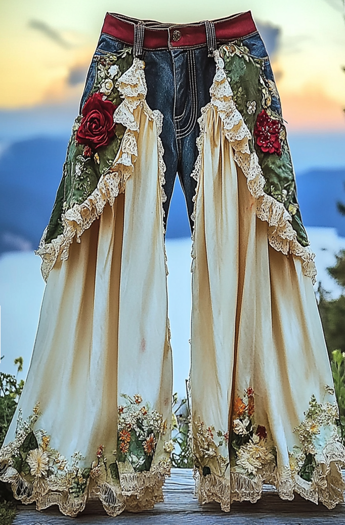 Summer ruffled denim cotton and linen patchwork contrast color pants 442d