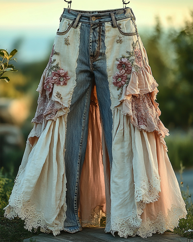 Summer Ruffle Linen Lace Splicing Denim Embroidery Pants 2c22