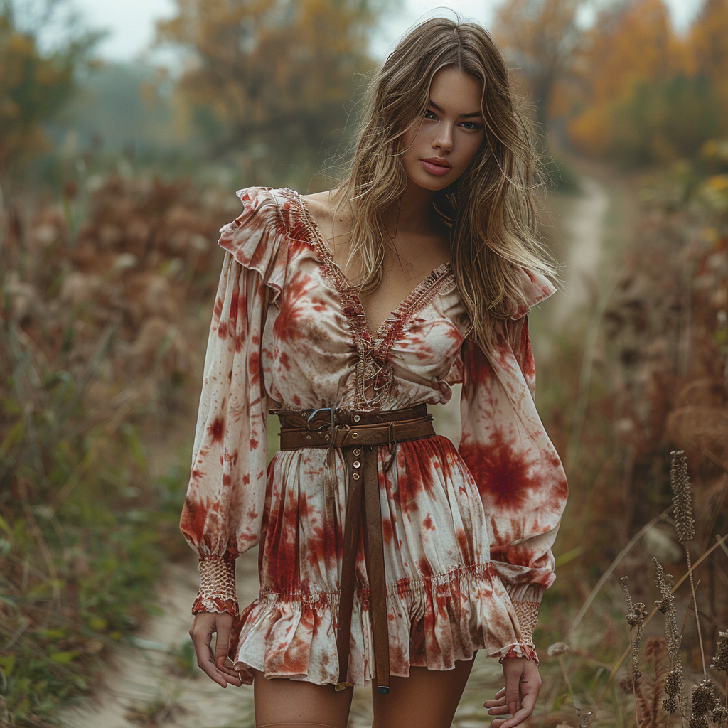 Women's Retro V-neck Tie Dye Halloween Party Long-sleeve Mini Short Dress