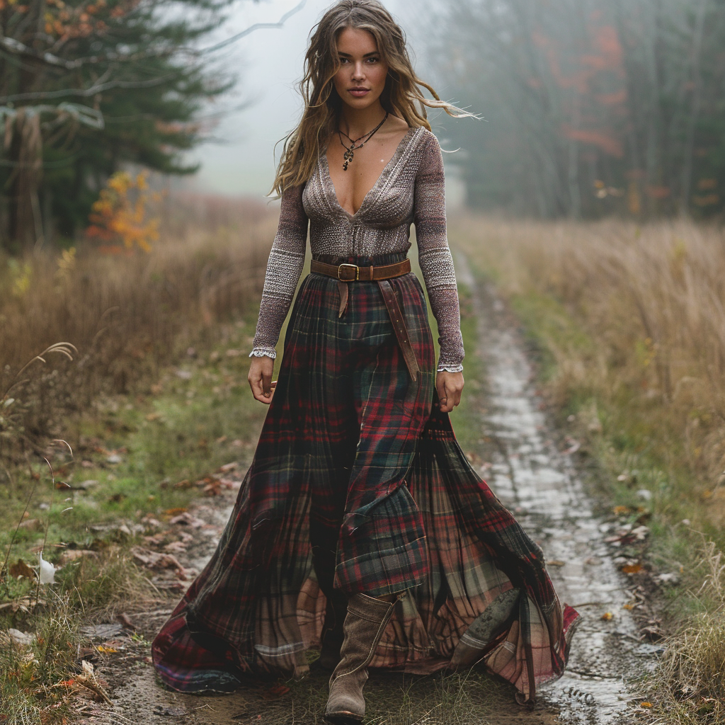 Women's Retro Plaid V-neck Long-sleeve Long Skirt Pastoral Style Maxi Long Dress