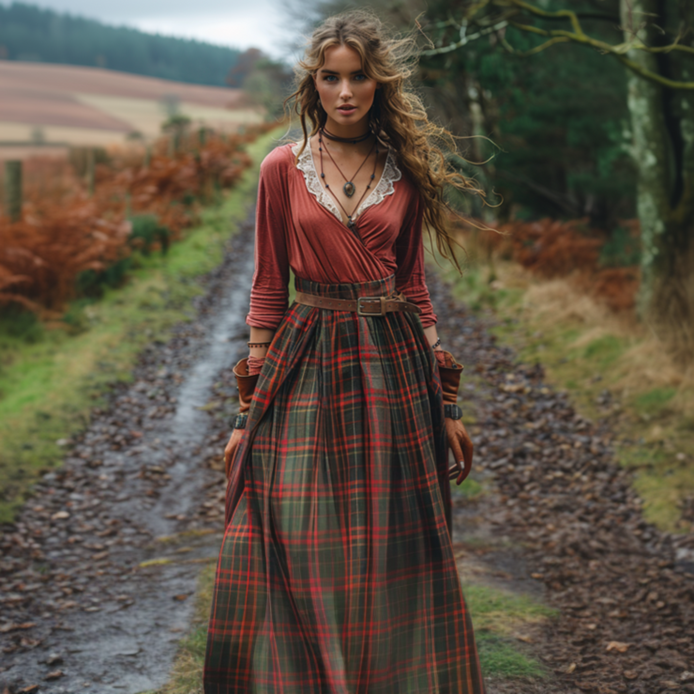 Women's Retro Plaid V-neck Long-sleeve Long Skirt Pastoral Style Maxi Long Dress