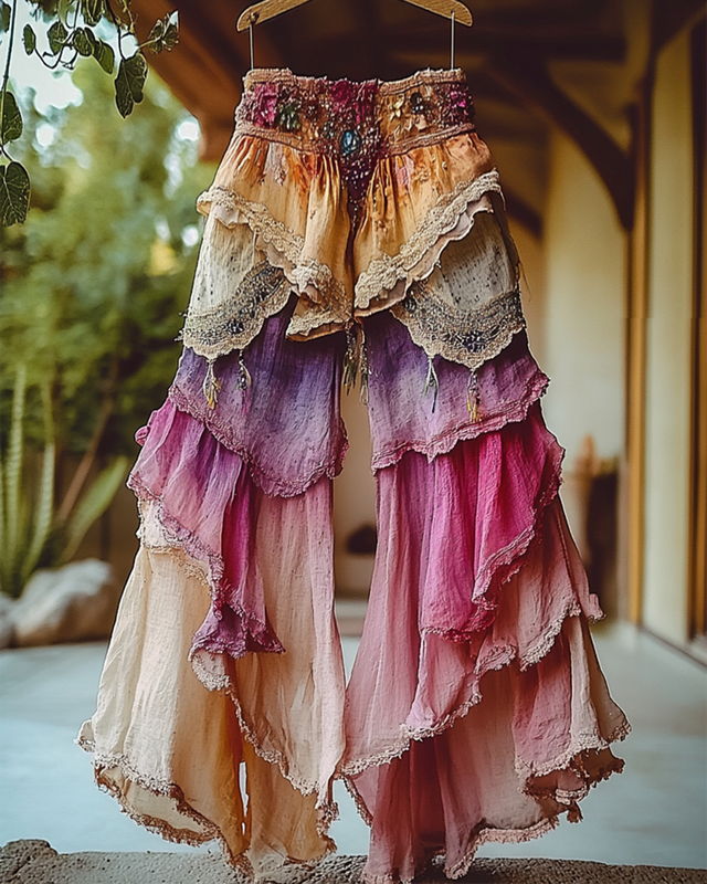 Summer Holiday Ruffle Color Gradient Splicing Linen Pants 348b