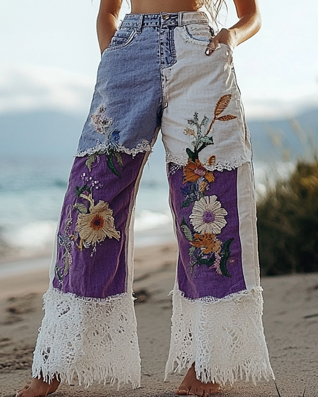 Summer Vacation Lace Handmade Floral Embroidery Pants 8f0f