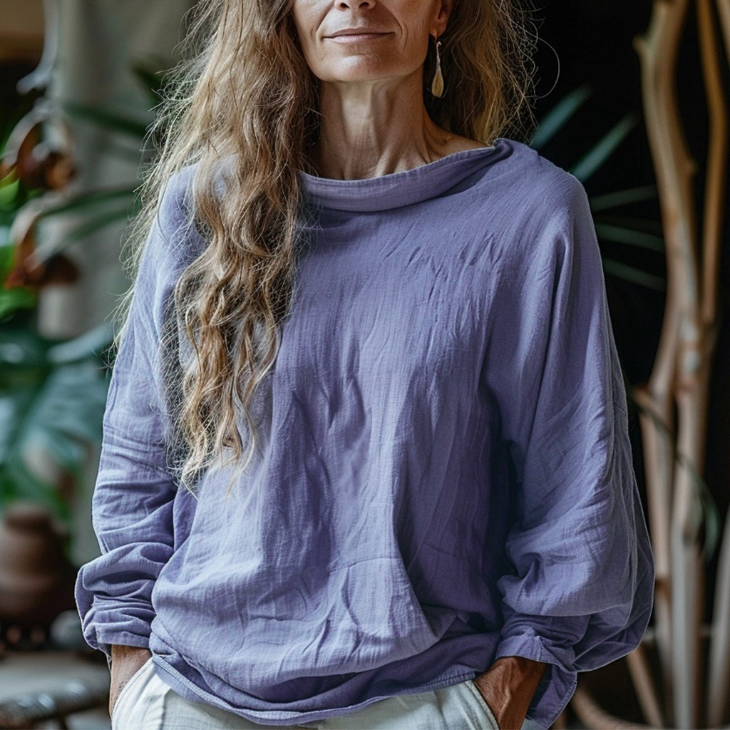 Women's Bohemian Linen Style Solid Loose Long-sleeve Top Shirt