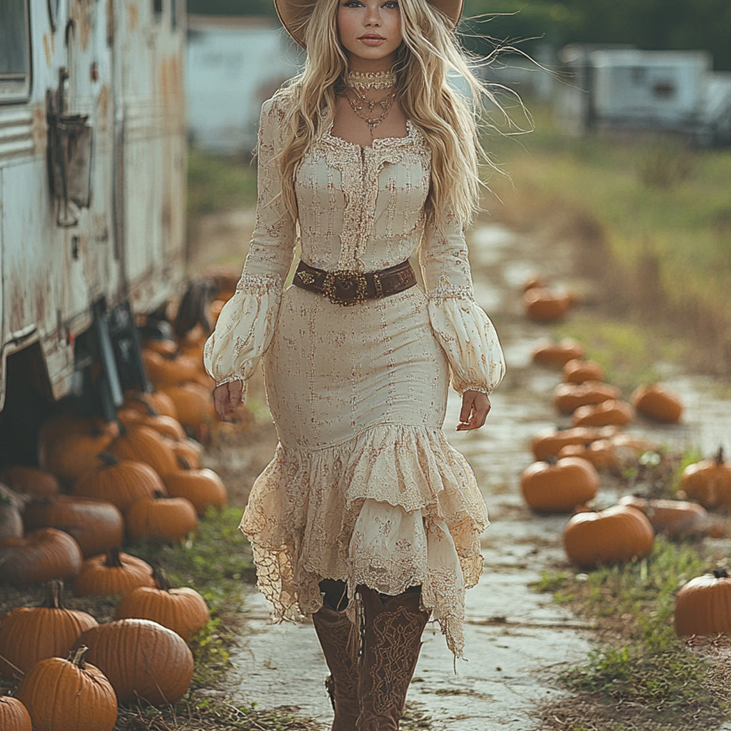 Vintage Cowgirl Style Halloween Floral Dress