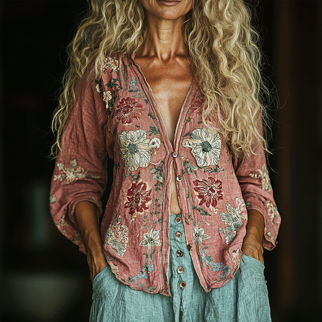 Women's Linen Bohemia Style Floral Long-sleeved Breathable Top Shirt