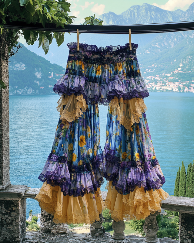 Summer ruffled cotton and linen patchwork contrast color pants 39b8