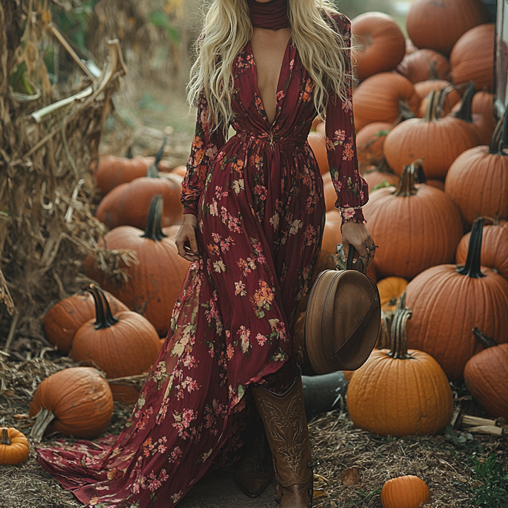 Vintage Cowgirl Style Halloween Floral Dress