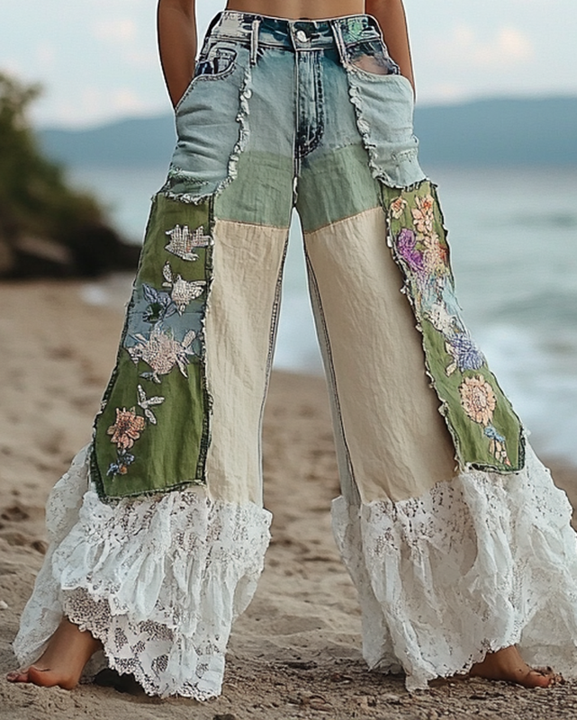 Summer Vacation Lace Handmade Floral Embroidery Pants a07a