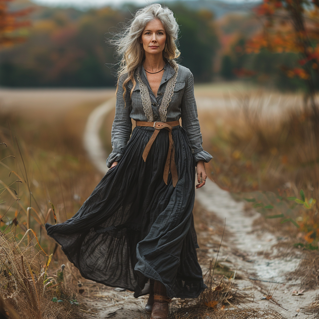 Women's Vintage V-neck Linen Long-sleeve Maxi Long Dress