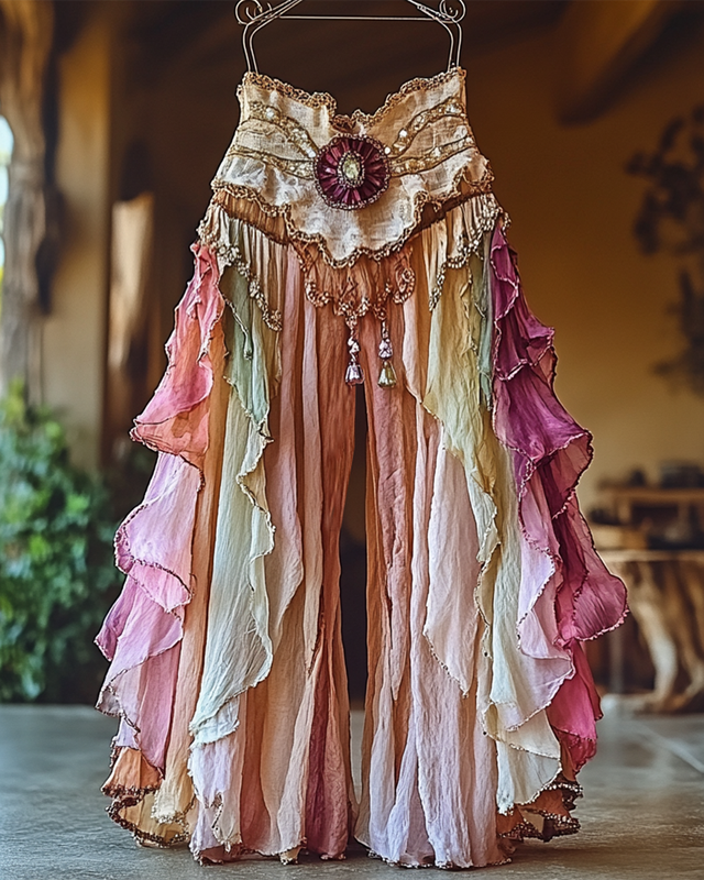 Summer Holiday Ruffle Color Gradient Splicing Linen Pants c522