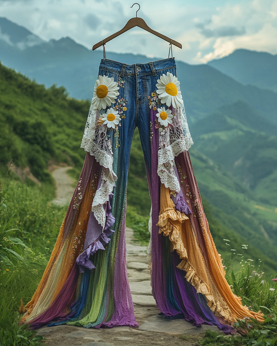 Summer ruffled denim cotton and linen patchwork contrast color pants 27c7