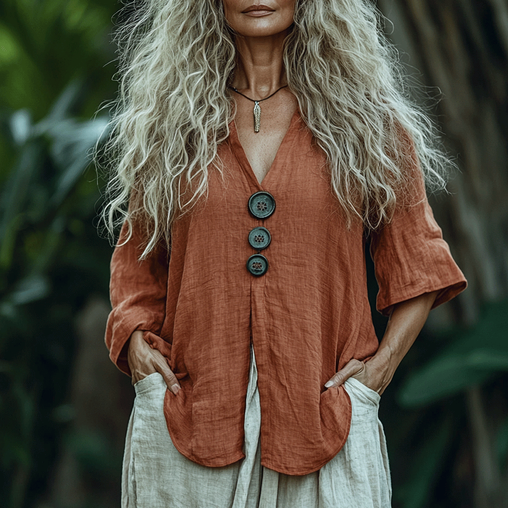 Women's Linen Bohemia Style Plain Long-sleeved Breathable Top Shirt