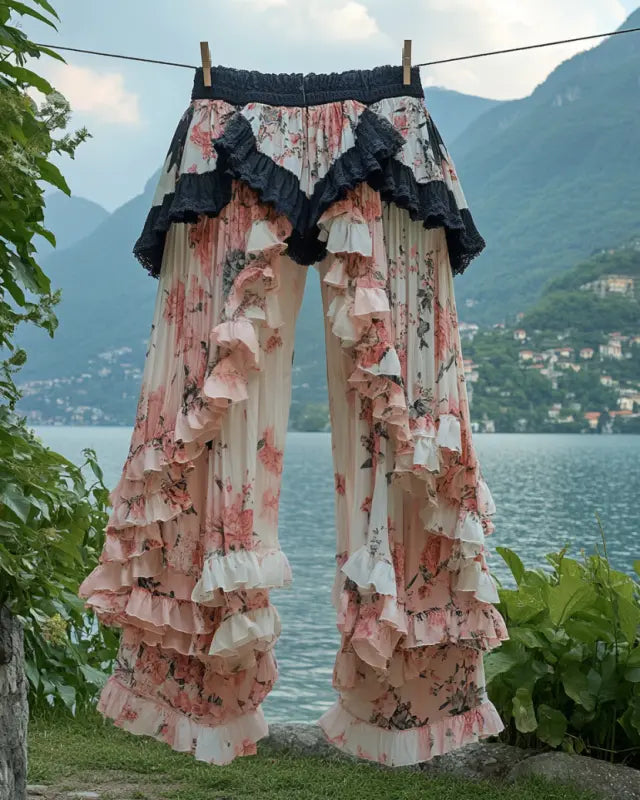 Summer ruffled cotton and linen patchwork contrast color pants f962