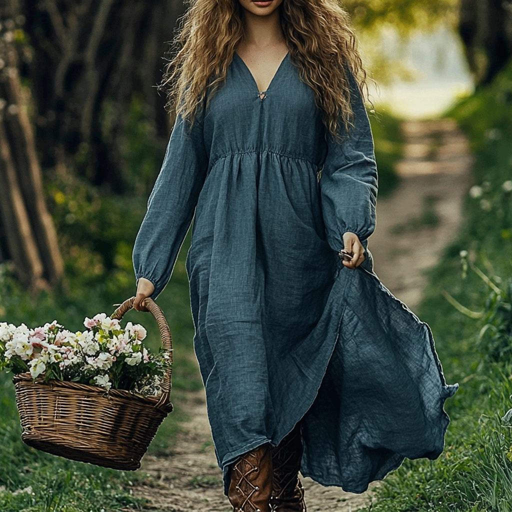 Women's Linen Bohemian Style Solid V-neck Loose Casual Long-sleeve Maxi Long Dress