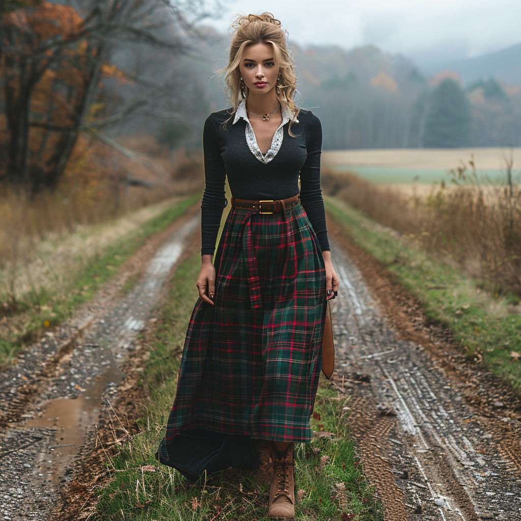 Women's Retro Plaid V-neck Long-sleeve Long Skirt Pastoral Style Maxi Long Dress