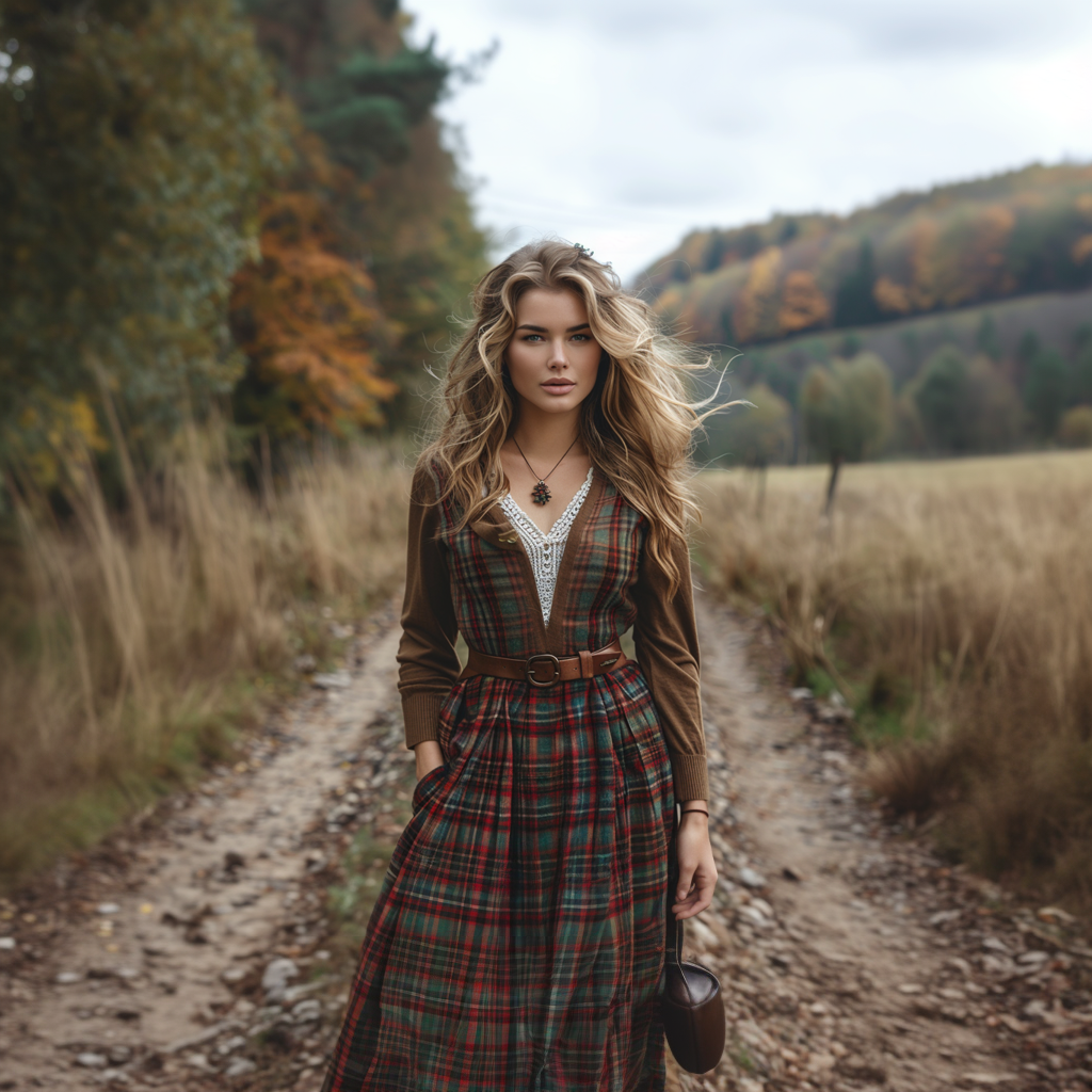 Women's Retro Plaid V-neck Long-sleeve Long Skirt Pastoral Style Maxi Long Dress