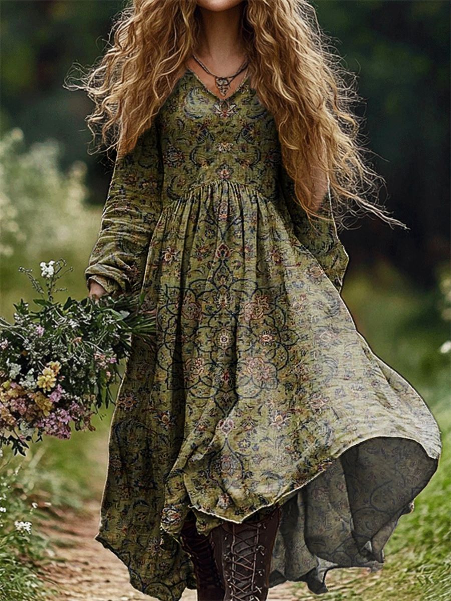 Women's Retro Ethnic Floral Art Pattern Print V Neck Pocket Cotton Dress