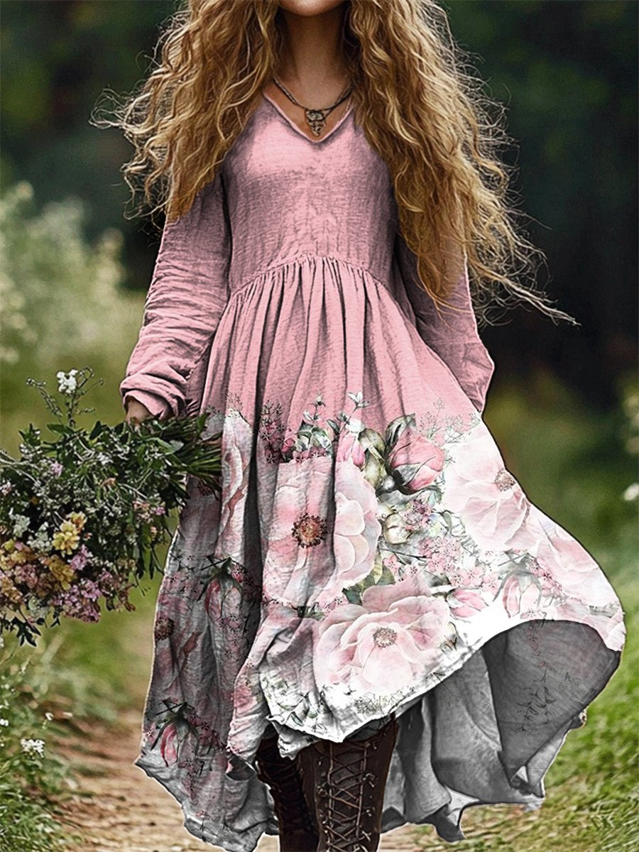 Women's Pink Floral Print V Neck Pocket Cotton Dress