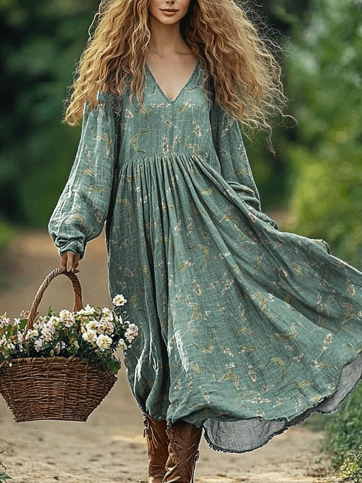 Women's Vintage Lovely Floral Art Print Pocket Cotton Dress