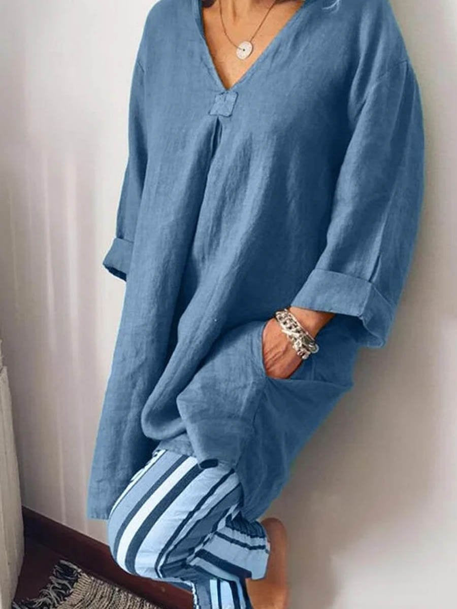 Women's Minimalist Solid Color Top And Striped Casual Pants Set